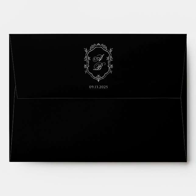 Formal Black & White Floral Monogram Crest Wedding Envelope (Back (Top Flap))
