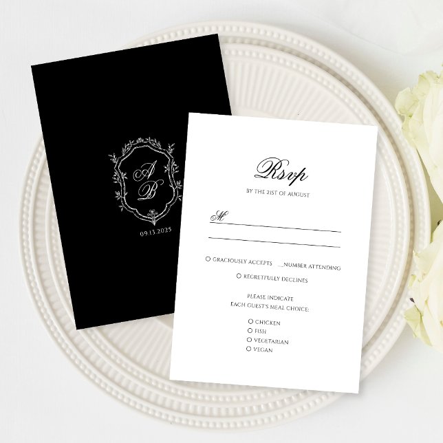 Formal Black & White Floral Monogram Crest Wedding RSVP Card (Creator Uploaded)