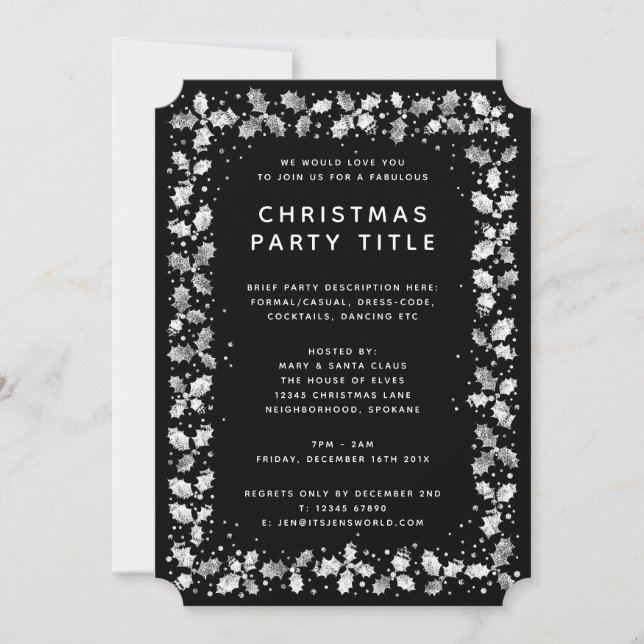 Formal Black + White Holly Leaves Holiday Party Invitation (Front)