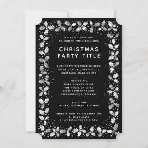 Formal Black + White Holly Leaves Holiday Party Invitation