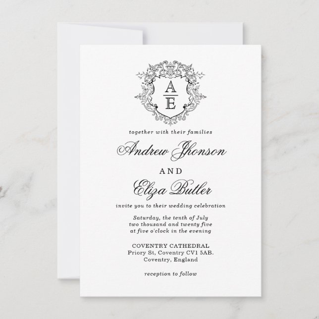 Formal Black & White Leafy Crest Monogram Wedding  Invitation (Front)