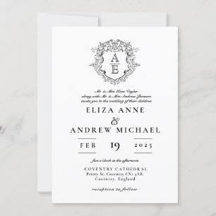 Formal Black & White Leafy Crest Monogram Wedding  Invitation