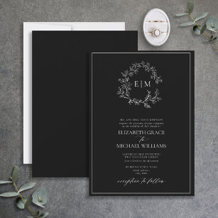Formal Black White Leafy Crest Monogram Wedding Invitation