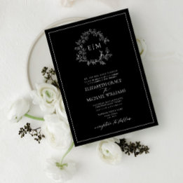 Formal Black White Leafy Crest Monogram Wedding Invitation