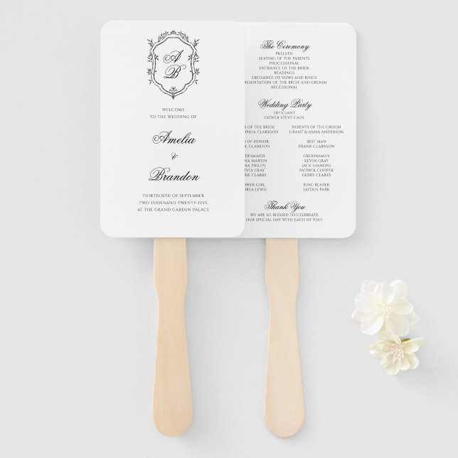 Formal Black White Monogram Crest Wedding Program Hand Fan (Front and Back)