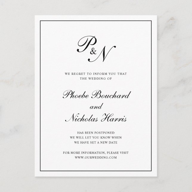 Formal Black White Monogram Wedding Postponement Announcement Postcard (Front)
