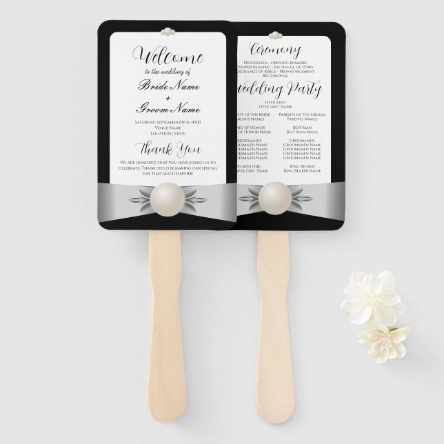 Formal Black & White Pearl Ribbon Wedding Program Hand Fan (Front and Back)