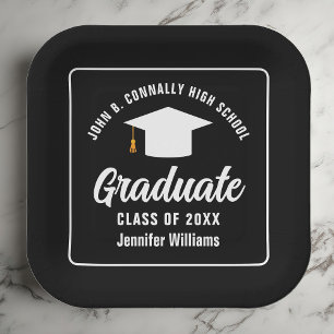 Formal Black White Personalised Graduation Party Paper Plate