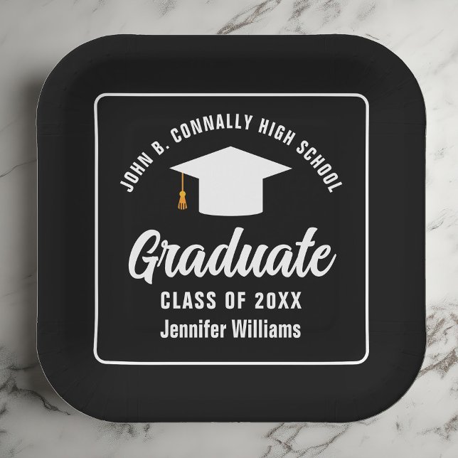Formal Black White Personalised Graduation Party Paper Plate (Creator Uploaded)