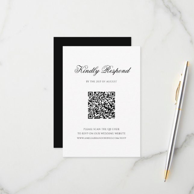 Formal Black & White QR Code Monogram Wedding RSVP Card (Front/Back In Situ)