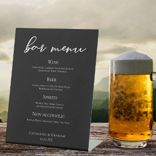 Formal Black White Script Chic Wedding Bar Menu Pedestal Sign