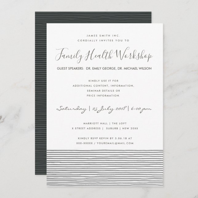 FORMAL BLACK WHITE STRIPE LINE WORKSHOP EVENT INVITATION (Front/Back)