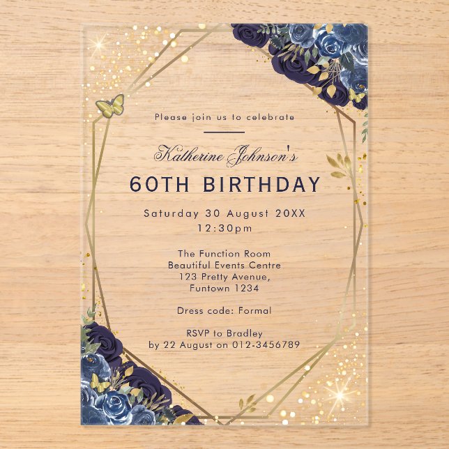 Formal Blue and Gold 60th Birthday Acrylic Invitations (Front)