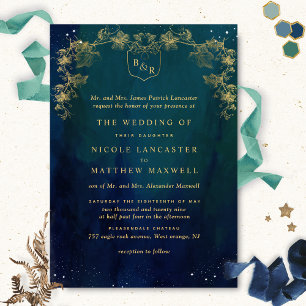 Formal Blue, Navy Green Celestial Monogram Wedding Invitation