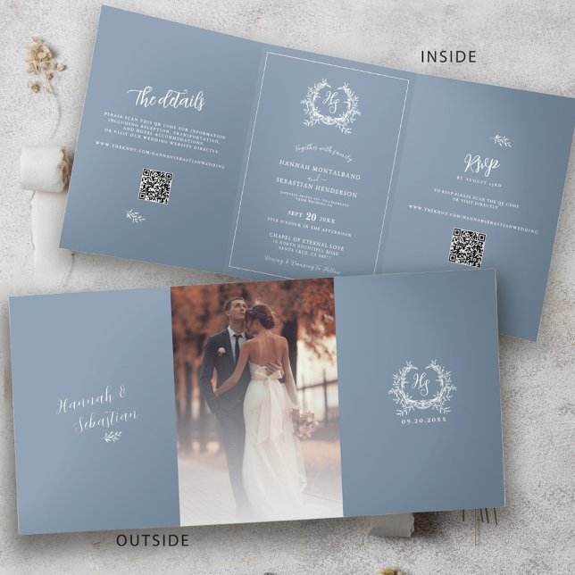 Formal Blue Photo QR Code RSVP Wedding Details Tri-Fold Card (Creator Uploaded)