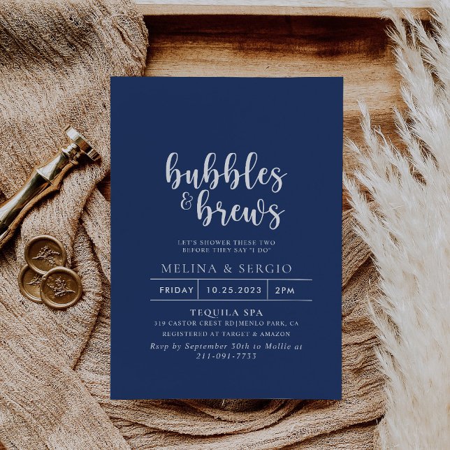 Formal Blue White Bubbles & Brews Bridal shower  Invitation (Creator Uploaded)