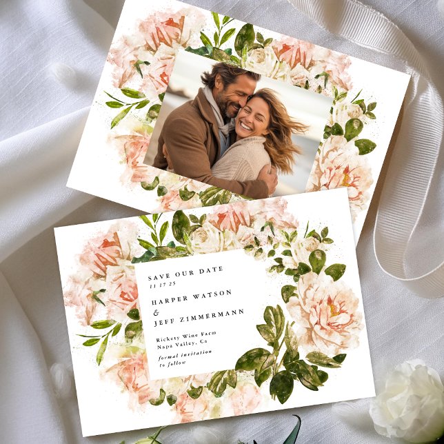 Formal Blushing Pink Rose Rosseta Photo Wedding Save The Date (Creator Uploaded)
