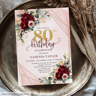 Formal Boho Dark Red Gold Roses 80th Birthday  Invitation