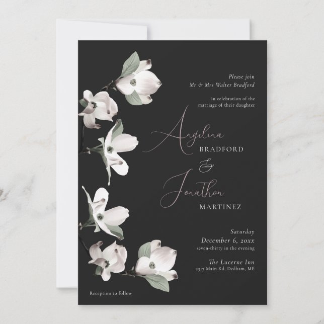 Formal Botanicial Dogwood Black White Invitation (Front)