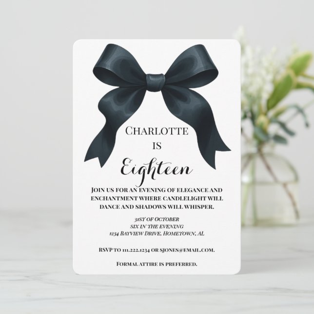 Formal Bow Birthday Invite - Simple Black White (Standing Front)