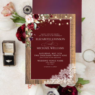 Formal Burgundy Blush Wood Lace Script Wedding Invitation