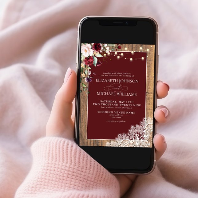 Formal Burgundy Blush Wood Lace Script Wedding Invitation (Creator Uploaded)