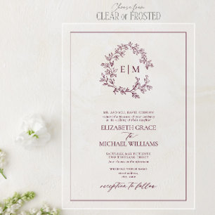 Formal Burgundy Leafy Crest Monogram Wedding Acrylic Invitations