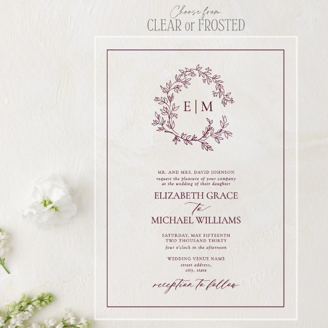 Formal Burgundy Leafy Crest Monogram Wedding Acrylic Invitations (Creator Uploaded)