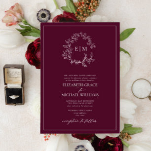Formal Burgundy Leafy Crest Monogram Wedding Invitation