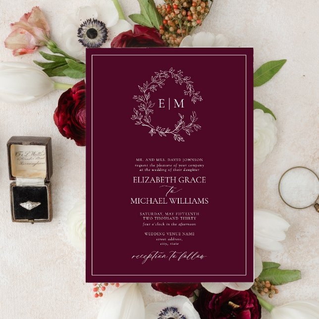 Formal Burgundy Leafy Crest Monogram Wedding Invitation (Creator Uploaded)