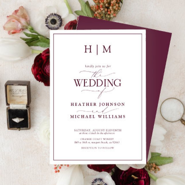 Formal Burgundy Monogram Calligraphy Wedding Invitation (Creator Uploaded)