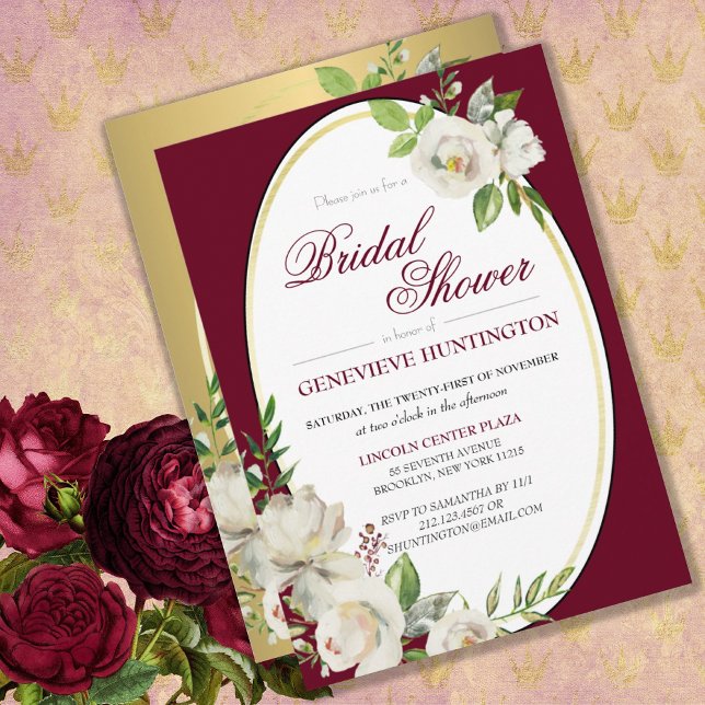 Formal Burgundy Red Floral Gold Bridal Shower Invitation (Creator Uploaded)