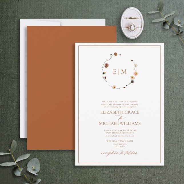 Formal Burnt Orange Floral Crest Monogram Wedding Invitation (Creator Uploaded)