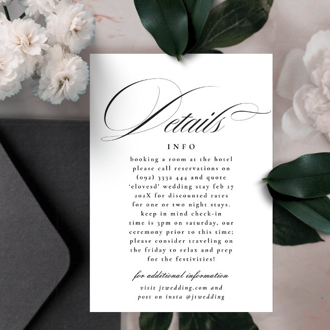 Formal Calligraphy Black White Wedding Details Enclosure Card (Creator Uploaded)
