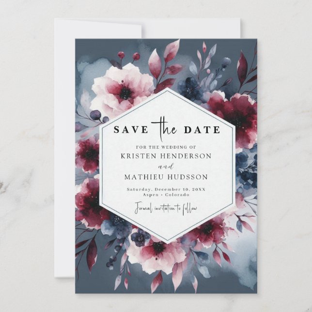 Formal Calligraphy Burgundy Wedding Save The Date (Front)