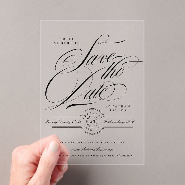 Formal Calligraphy Wedding Website Save The Date Acrylic Invitations (Insitu (Handheld))