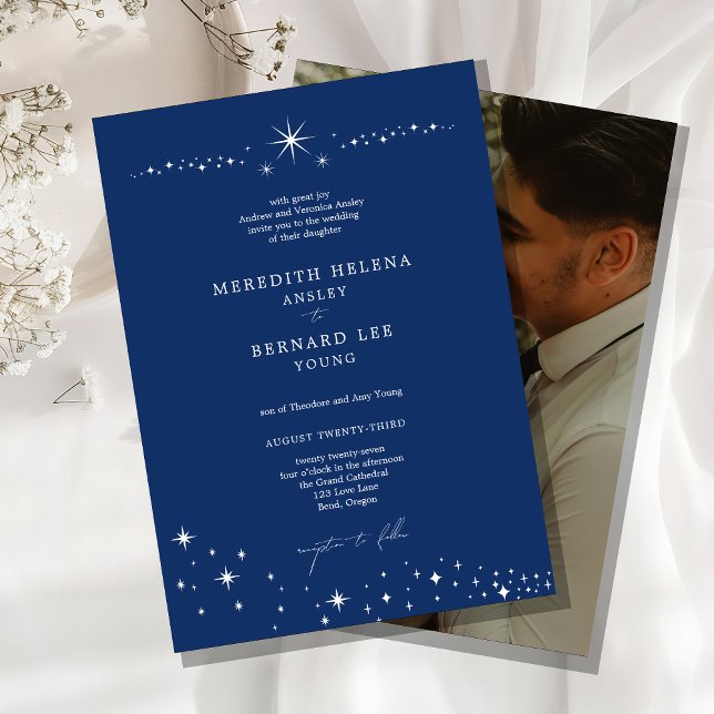 Formal Celestial Elegant Navy Blue Wedding Photo Invitation (Creator Uploaded)
