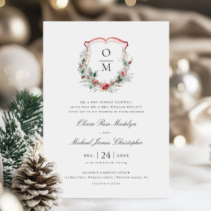 Formal Christmas Floral Crest Monogram Wedding Invitation