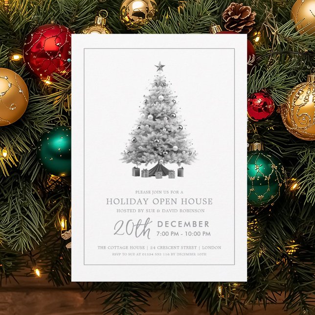 Formal Christmas Holiday Open House Silver Tree  Invitation (Formal Christmas Holiday Open House Silver Tree Invitation)