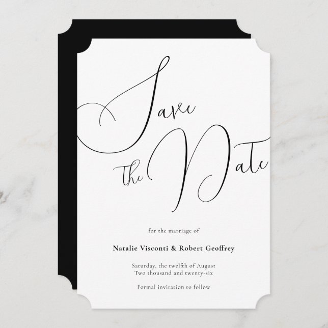 Formal Classic Black Calligraphy Wedding Save The Date (Front/Back)