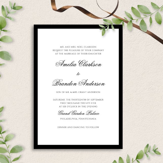 Formal Classic Black & White Border Script Wedding Invitation (Creator Uploaded)