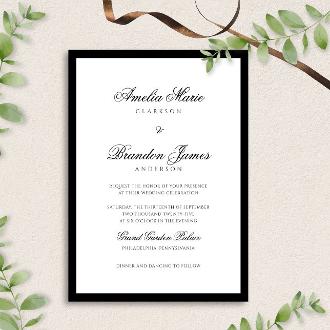 Formal Classic Black & White Border Script Wedding Invitation (Creator Uploaded)