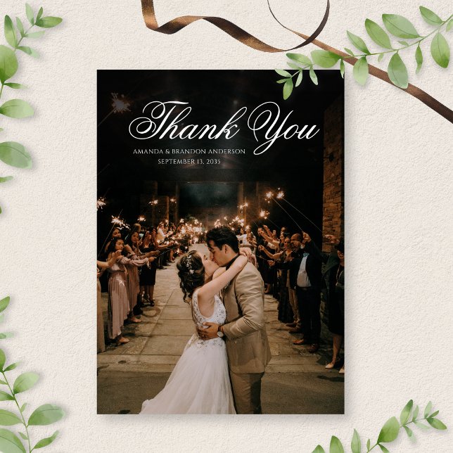 Formal Classic Black & White Script Photo Wedding Thank You Card (Creator Uploaded)
