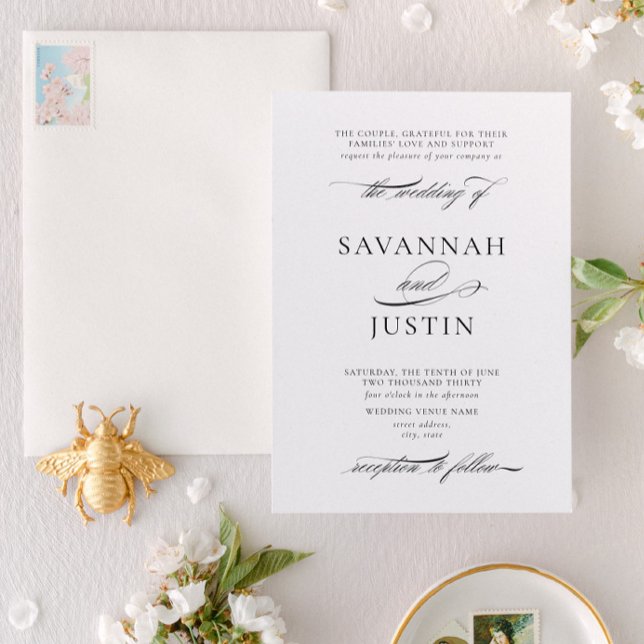 Formal Classic Black & White Wedding Invitation (Designed for weddings where the couple and their parents are hosting the event together)