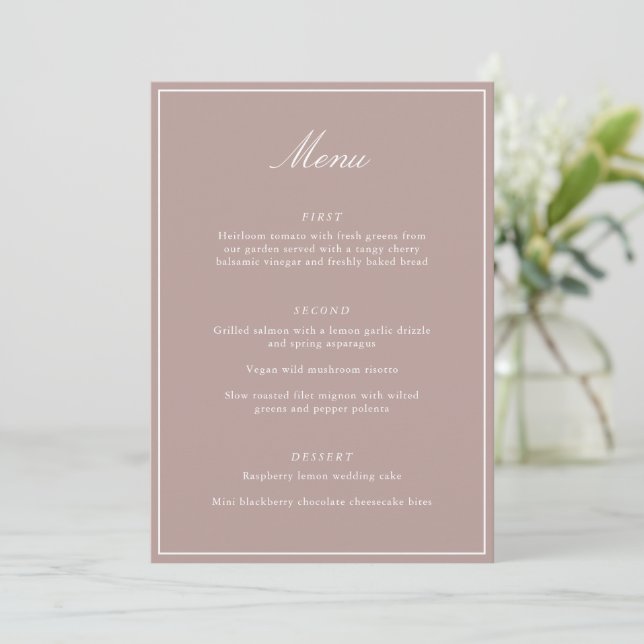 Formal Classic Border Mauve Script Elegant Wedding Menu (Standing Front)