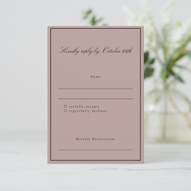 Formal Classic Border Script Elegant Wedding Mauve RSVP Card (Standing Front)