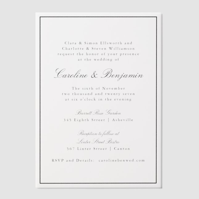 Formal Classic Border Script Elegant Wedding RSVP Vellum Invitations (Front)