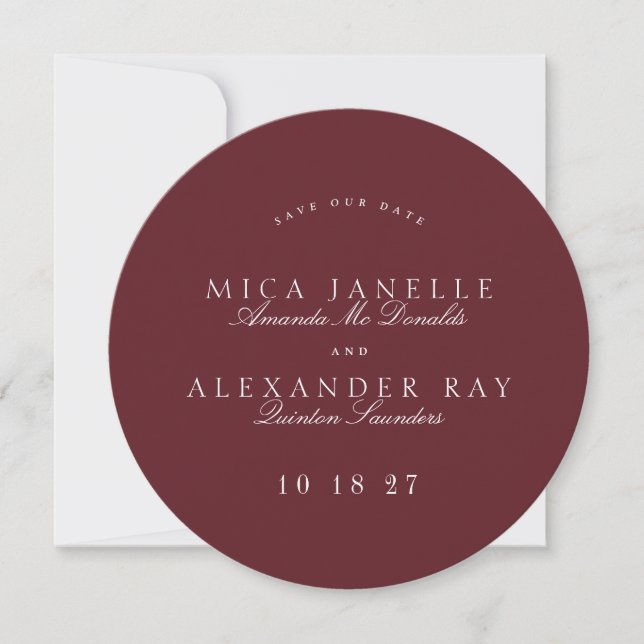 Formal Classic Burgundy Calligraphy Round Photo Save The Date (Front)