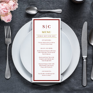 Formal Classic Burgundy & Gold Monogram Wedding Menu