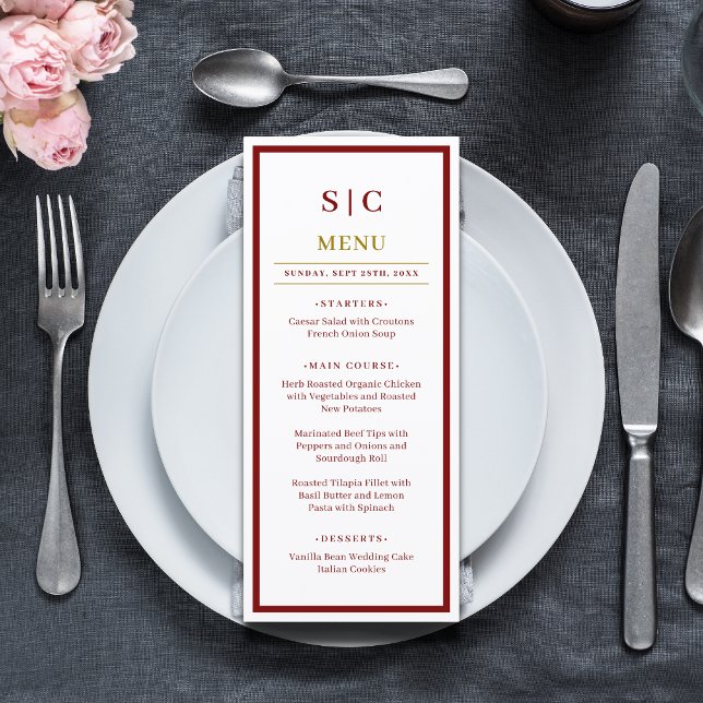 Formal Classic Burgundy & Gold Monogram Wedding Menu (Burgundy and gold monogram wedding menu adds elegant charm to your formal table setting.)